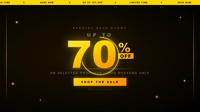 Golden yellow dark theme special sale event promotion banner with 70 percent off discount