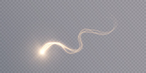 Magical light trail with soft golden glow and sparkling particles. Fantasy wand trace isolated on transparent background for fairy effects and enchanted designs. © MAKSYM