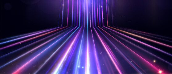 Light tunnel with neon perspective, purple, blue and violet rays on dark background, futuristic vector speed lines and glowing acceleration effect. © MAKSYM