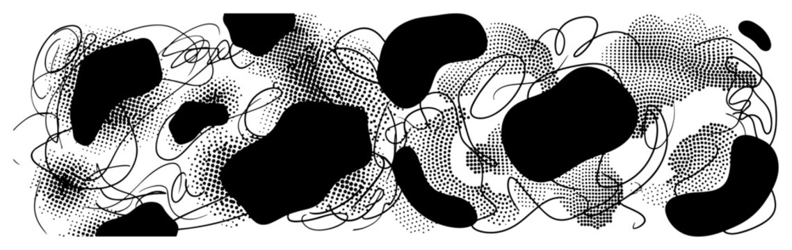 Organic black blobs and scribbled lines with halftone dot textures in abstract doodle style