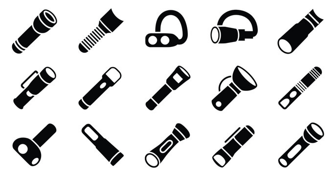 Flashlight, vector icons set, collection of various types of flashlights in black and white silhouette, lighting tools symbols, portable torch equipment, emergency and outdoor gear concept, flat 