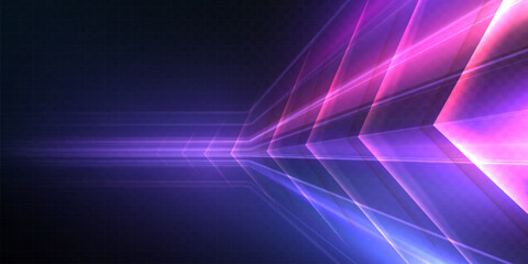 A bright perspective light road with blue, cyan and violet rays on a dark background, a futuristic vector high-speed tunnel and a glowing digital trajectory effect. © MAKSYM