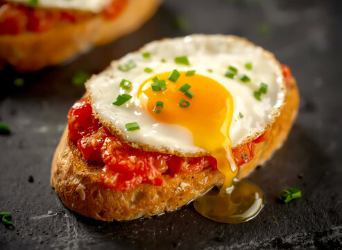 Close up of toasted bread with roasted red tomatoes and a sunny side up fried egg with runny yolk sprinkled with chives on a dark slate background.