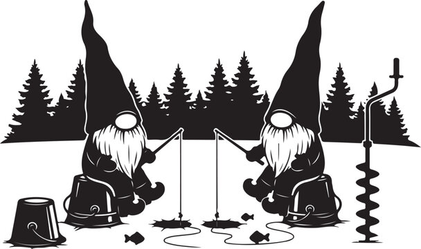 Two gnomes ice fishing in silhouette with trees and equipment, Generative Ai