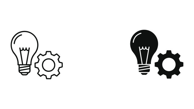 Black and white line icons of light bulb and gear on white background