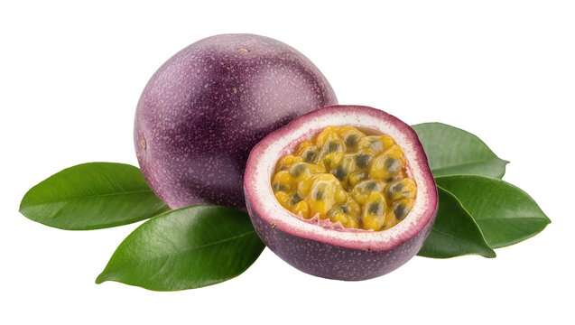 Purple Passionfruit with Green Leaves and Cut Half Showing Seeds