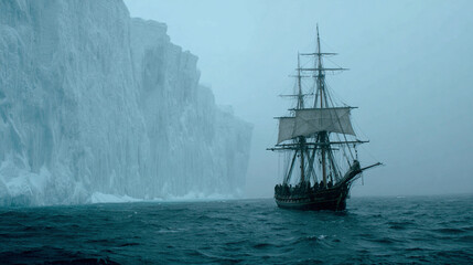 Obraz premium Ship is trapped in a large iceberg while surrounded by icy waters Generative AI