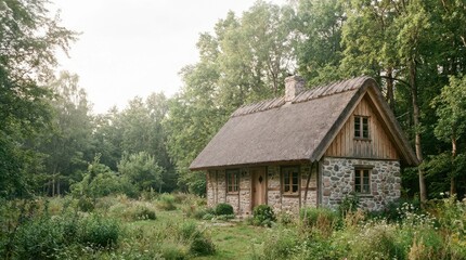 Charming stone cottage with thatched roof nestled in a lush green forest setting © SimpleLife Stock