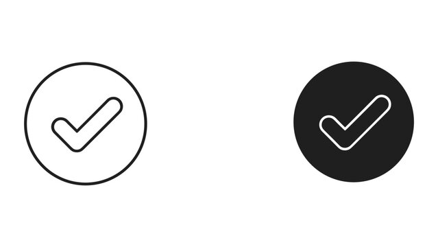 Black and white checkmark icons in circle isolated on white background for ui and design