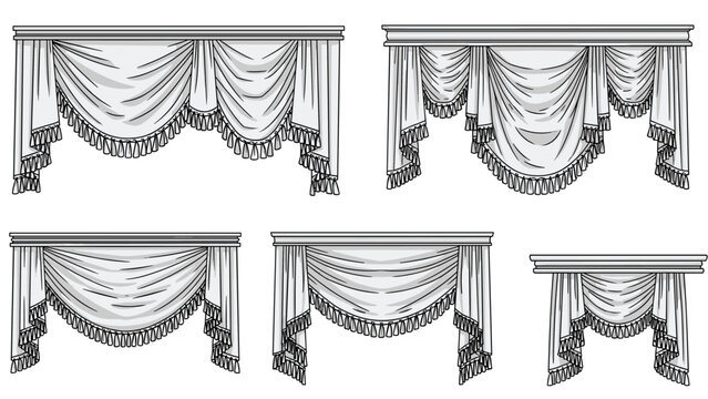 Illustration of five different elegant curtain valance styles in gray tones for interior designers to use in window treatment planning.