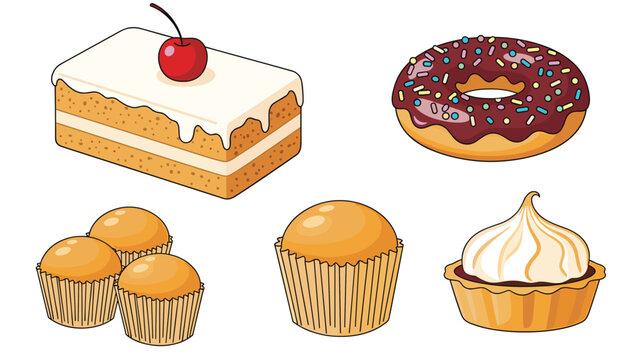 Selection of tasty bakery items including a glazed donut, a slice of cherry cake, muffins, and a cream tart isolated on a white background.