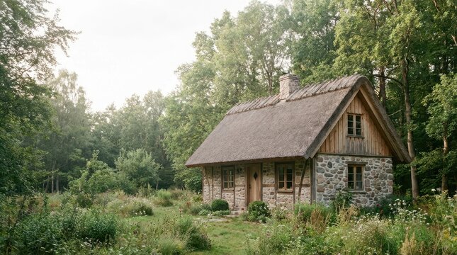 Charming stone cottage with thatched roof nestled in a lush green forest setting