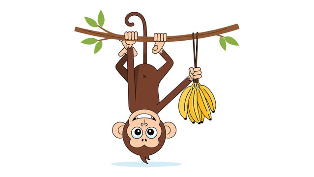 Funny brown monkey hangs upside down from a tree branch by its legs while holding a large bunch of yellow bananas.