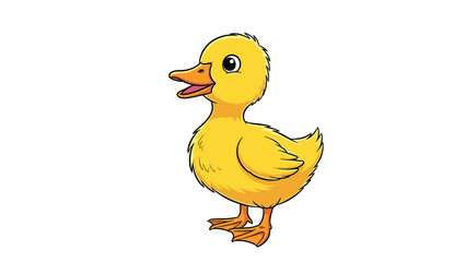 Fototapeta premium Cute little yellow duckling character standing with its beak open as if quacking against a plain white background.