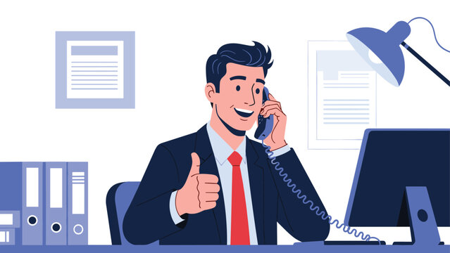 Happy businessman in a dark suit talking on a desk phone while giving a thumbs up in a bright office setting with files and a computer.