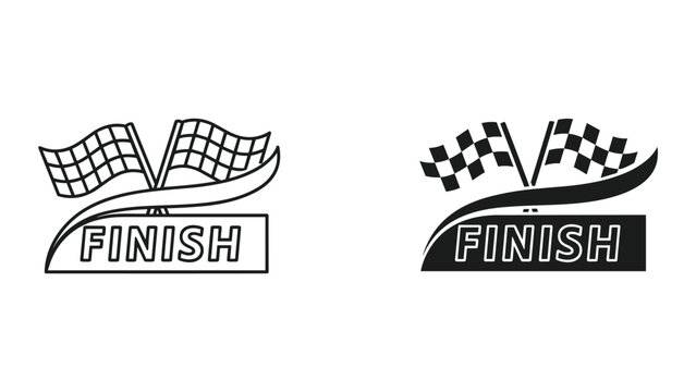 Two checkered flags waving above the word finish in racing design on white background