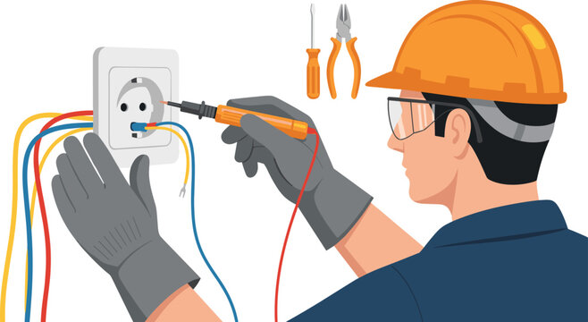 Professional Electrician Using Voltage Tester to Check Power Socket and Colorful Wiring for Electrical Safety Inspection Maintenance and Home Renovation Services Vector.