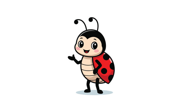 Cute cartoon ladybug character with a friendly smiling face and red wings with black spots standing and waving on a white background.