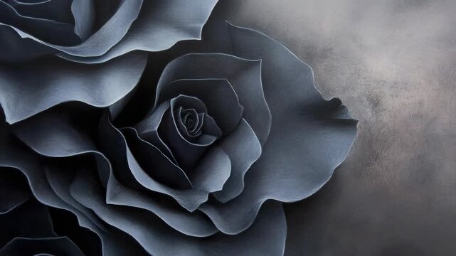 Black roses fill each frame with clear details. The dark colors and smooth layers show the unique structure of the flowers in a simple arrangement