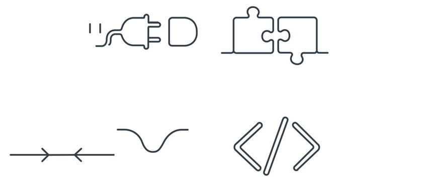Vector icon set of 4 minimalist line icons for AI APIs and machine learning integration, featuring a power plug and socket, puzzle pieces, bridging arrows, and programming code brackets.