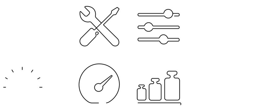 Vector icon set collection of 4 minimalist line art icons for AI model fine-tuning and machine learning optimization featuring a wrench and screwdriver, slider controls, dial gauge, and weights.
