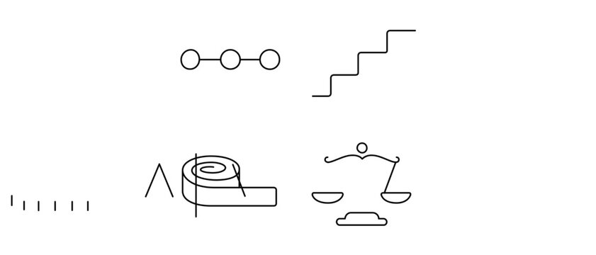 Vector Icon Set of 4 Minimalist Line Icons for and Machine Learning Featuring Few-Shot Learning Process, Incremental Steps, Measuring Tape, and Balance Scale Symbols.