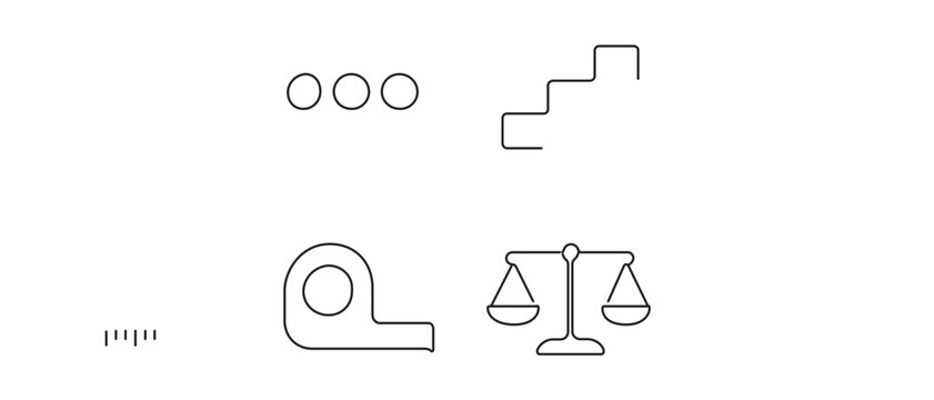 Vector icon set of 4 minimalist line icons for and Machine Learning, featuring few-shot learning dots, progress steps, measuring tape, and balance scale for evaluation.