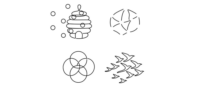 Minimalist Vector Icon Set of 4 Outline Icons for and Swarm Intelligence Concepts, Featuring a Beehive, Networked Nodes, Intersecting Rings, and a Flock of Flying Birds.