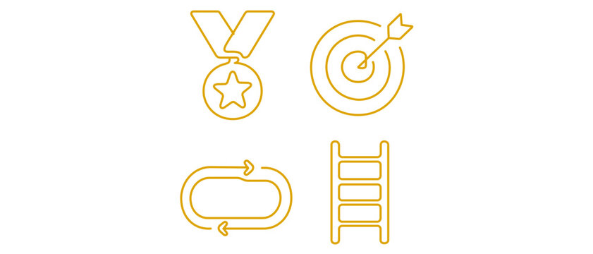 Vector icon set of 4 gold line icons for reinforcement learning and machine learning featuring a reward medal, target bullseye, looping cycle track, and ladder for progress and AI development.