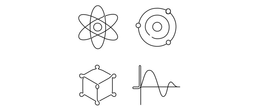Collection of 4 minimalist vector icons representing quantum, featuring an atomic model, orbiting electrons, a 3D quantum cube, and a mathematical wave function graph.