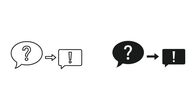 A set of four speech bubbles with question and exclamation marks in black and white