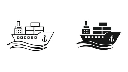 Naklejka premium Two cargo ships with containers on deck in black and white line art style for logistics and shipping concepts
