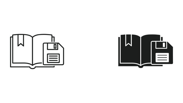 Black and white line icons of book and floppy disk in two styles on white background