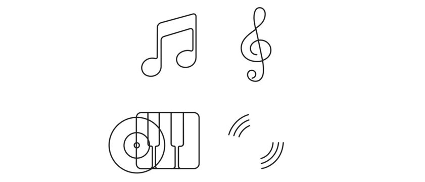 Vector icon set collection of 4 minimalist line art music icons featuring a musical note, treble clef, piano keys, and vinyl record, perfect for AI music generation and creative audio design.