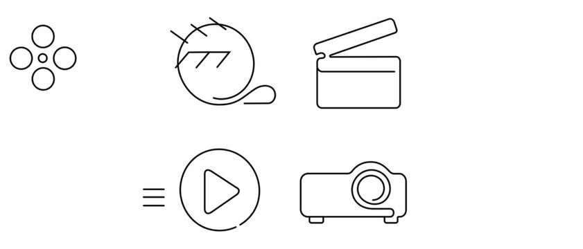 Minimalist vector icon set of 4 line icons for cinema and video production, featuring a film reel, movie clapperboard, play button, and projector. Ideal for media apps and creative projects.