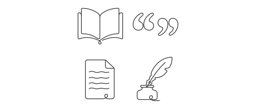 Continuous line art vector icon set collection of 4 icons: open book, quotation marks, text document, and quill pen with inkwell, ideal for literature, writing, and natural language processing.