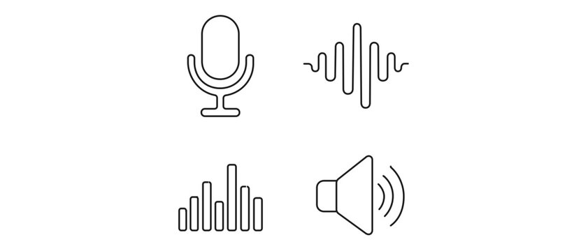 Professional vector icon set collection of 4 icons including a microphone, sound waves, audio equalizer, and speaker cone for speech recognition, podcasting, music, and AI communication tools.