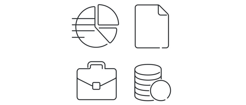 Professional vector icon set collection of 4 minimalist line icons featuring a pie chart for data analysis, document for reports, briefcase for business, and coin stack for finance and funds.