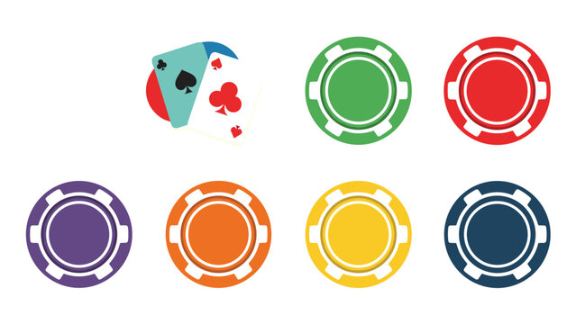 Collection of colorful poker chips in various denominations and two playing cards featuring the ace of spades and clubs for casino gambling.