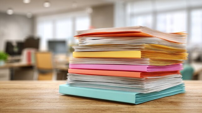 Vibrant stack of paper folders in a bright, modern office setting