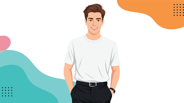 Smiling young man with brown hair wearing a white t-shirt and black trousers against a decorative abstract background for lifestyle design.