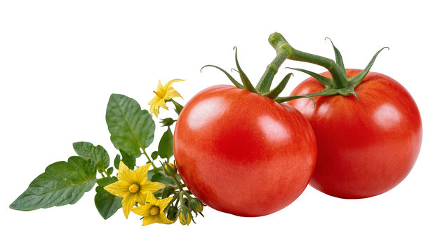 Ripe Red Tomatoes with Green Stems and Yellow Flowers