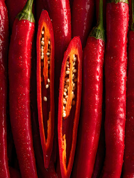 Food photography of red finger chili peppers with one split open revealing seeds in full frame