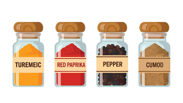 Collection of spice jars in flat design. Glass containers with turmeric, red paprika, pepper, and cumin for cooking and seasoning.