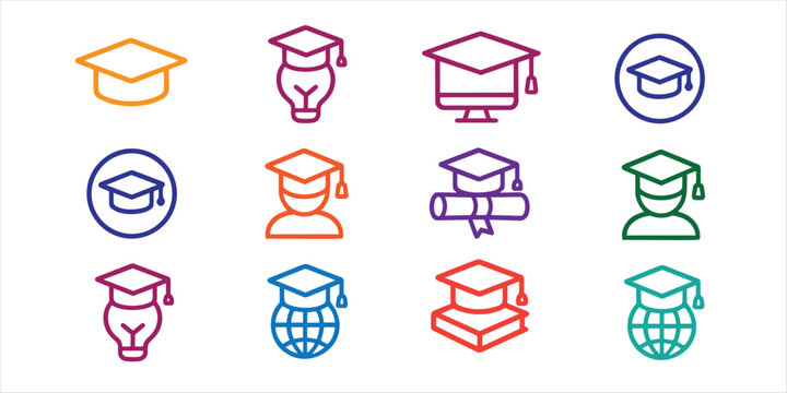 Collection of academic graduation cap icons paired with diverse educational symbols including light bulbs computers diplomas students and world globes in various professional colors.