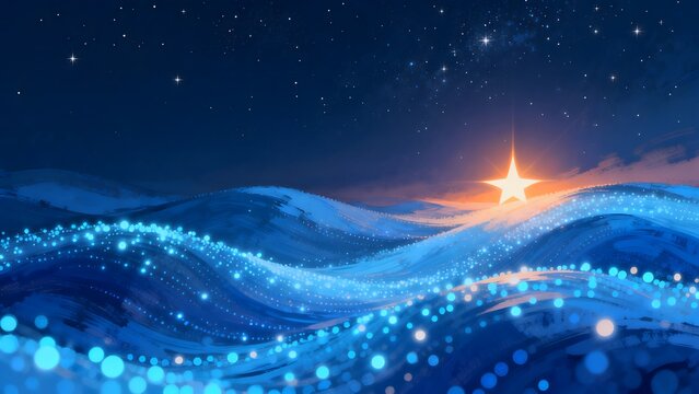 Starry night sky with glowing waves