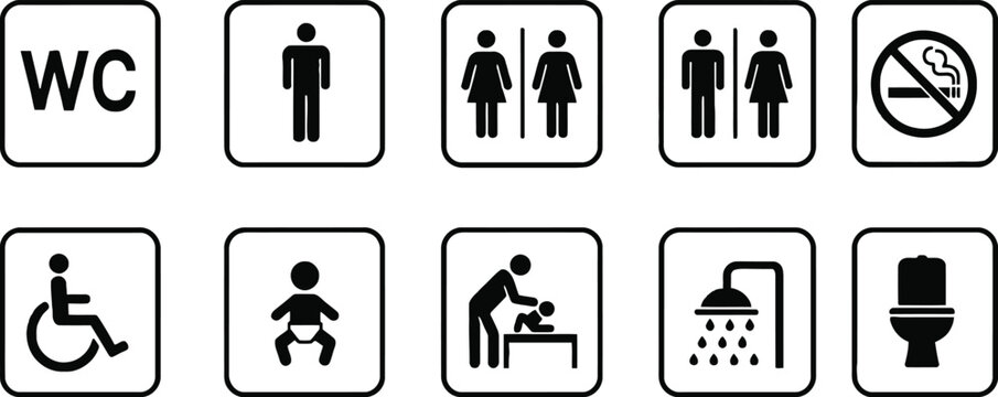 Public restroom and bathroom sign set with WC gender and handicap symbols.