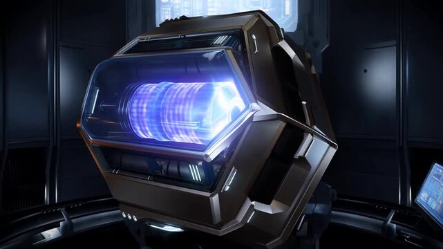 Tracking slow pan of reactor core rotating and glowing inside spaceship interior laboratory chamber