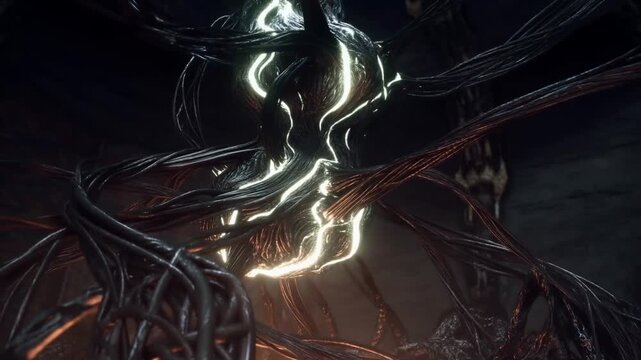 Slow motion tracking tilt dolly shot of glowing organic vines and cables twisting around metallic core in dark industrial interior chamber