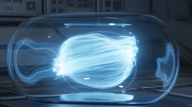 Slow motion static zoom tracking of glowing energy orb rotating and pulsing inside glass capsule in futuristic laboratory research room